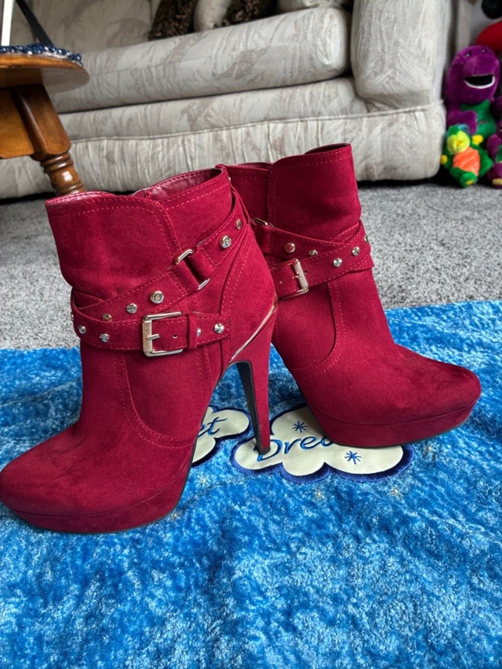 GBG Guess Red Suede High Heel Ankle Boots with Buckle Strap